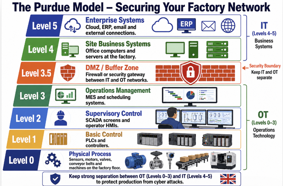 The Purdue Model showing OT Levels 0-3 and IT Levels 4-5 with clear security boundary for manufacturing SMEs